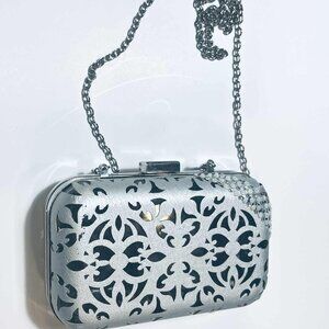 Silver Cut-Out Barrel Clutch with Rhinestone Accent, Vintage